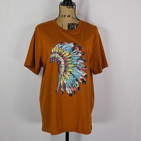 Rust Feather Graphic Tee Boho Festival Top Vintage Style Oversized Unisex XL - Picture 1 of 7